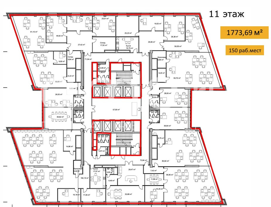 Планировка офиса 1764.89 м², 11 этаж, Бизнес-центр «Алгоритм»